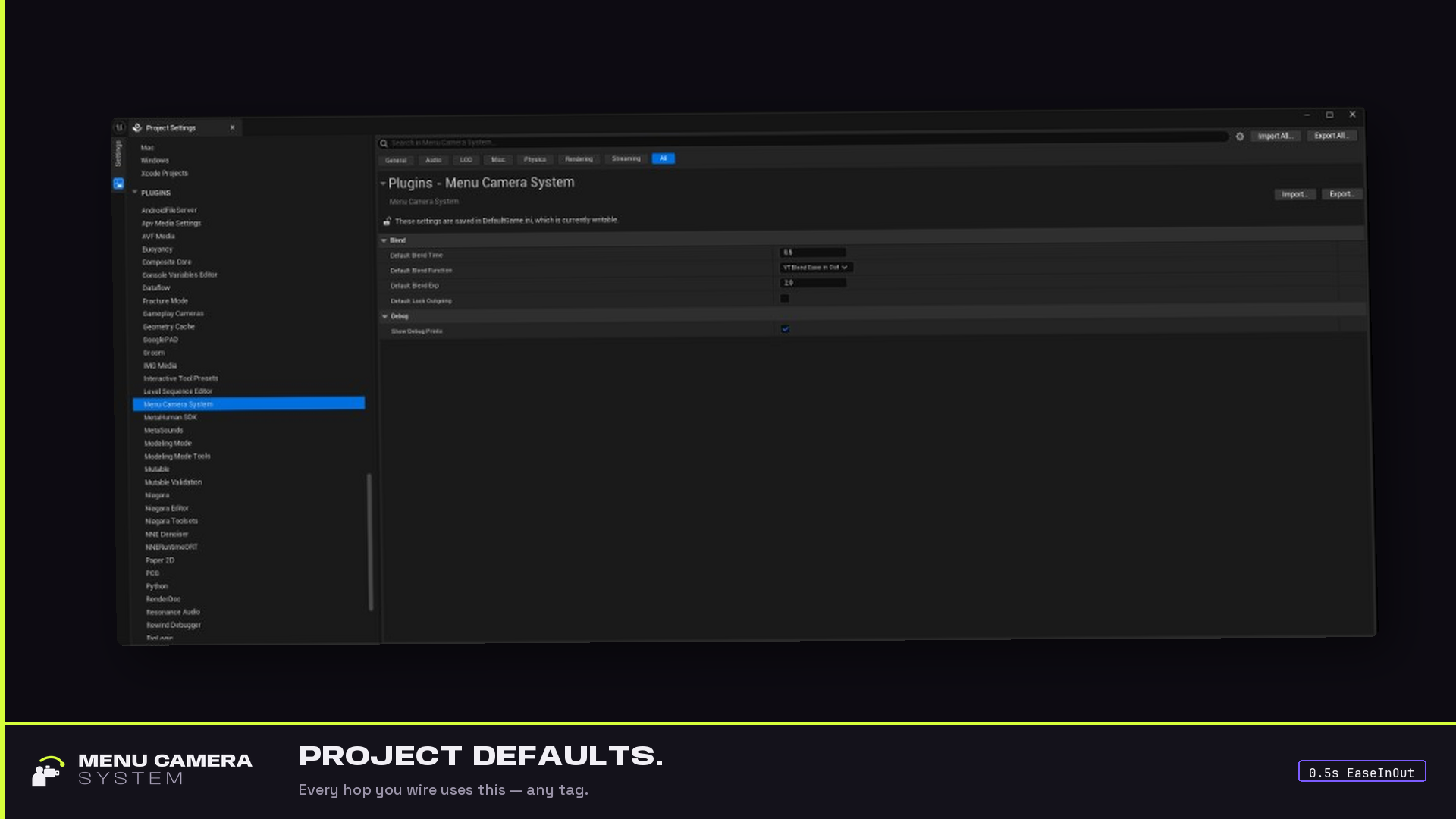 Project Settings for Menu Camera System blend defaults